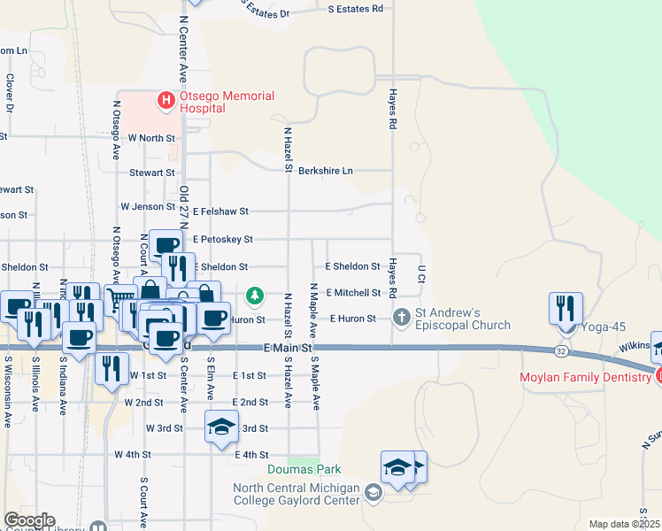 map of restaurants, bars, coffee shops, grocery stores, and more near 574 E Sheldon St in Gaylord