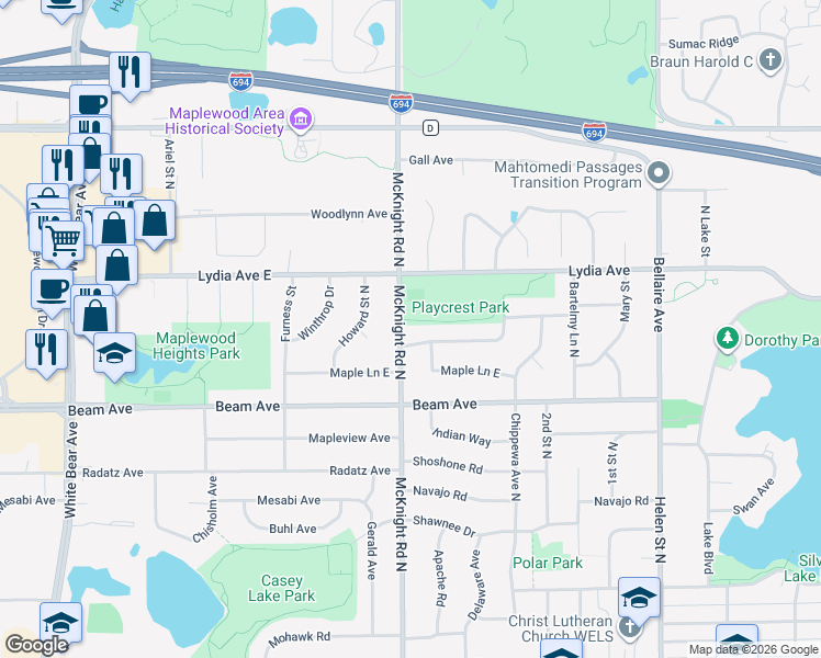 map of restaurants, bars, coffee shops, grocery stores, and more near 2293 Standridge Avenue East in Saint Paul