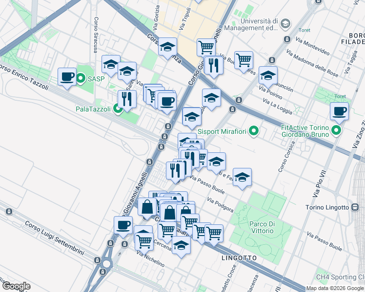map of restaurants, bars, coffee shops, grocery stores, and more near 18 Corso Enrico Tazzoli in Torino