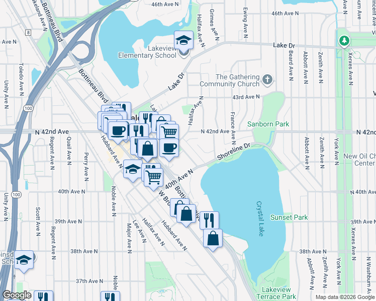 map of restaurants, bars, coffee shops, grocery stores, and more near 4038 Lake Road in Robbinsdale