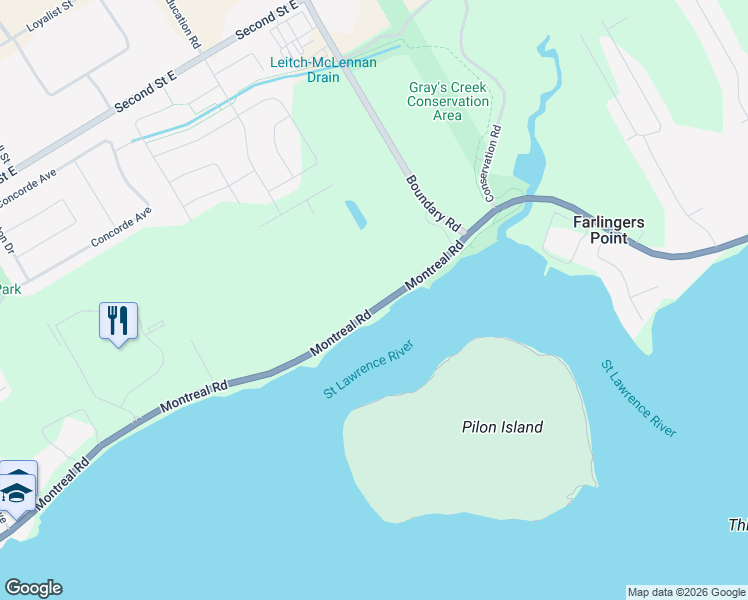 map of restaurants, bars, coffee shops, grocery stores, and more near 3324 Montreal Road in Cornwall