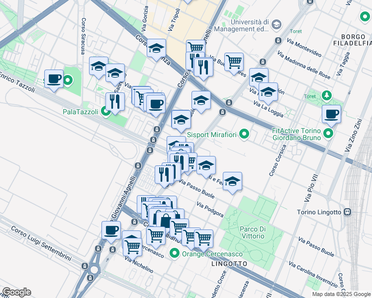map of restaurants, bars, coffee shops, grocery stores, and more near 2a Corso Enrico Tazzoli in Torino
