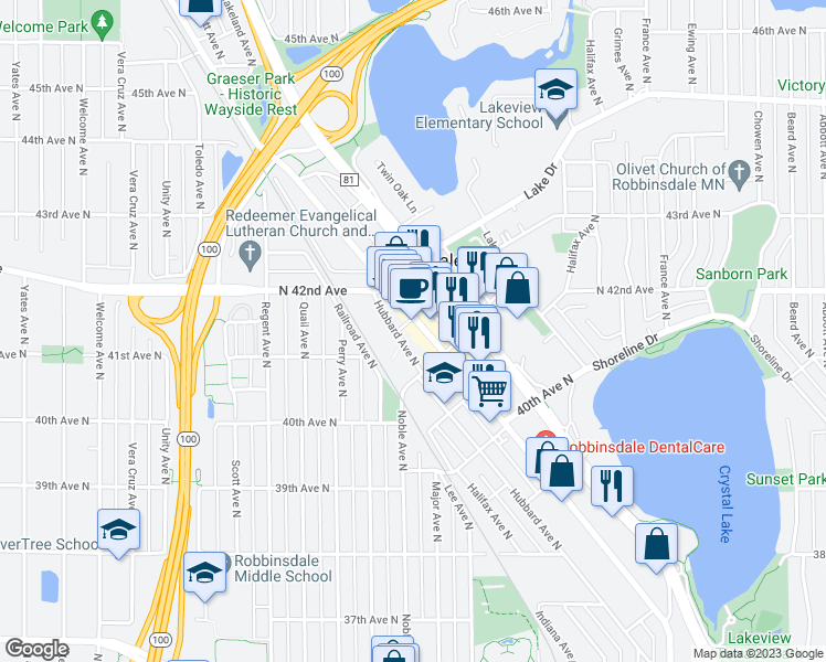 map of restaurants, bars, coffee shops, grocery stores, and more near 4134 Hubbard Avenue North in Robbinsdale
