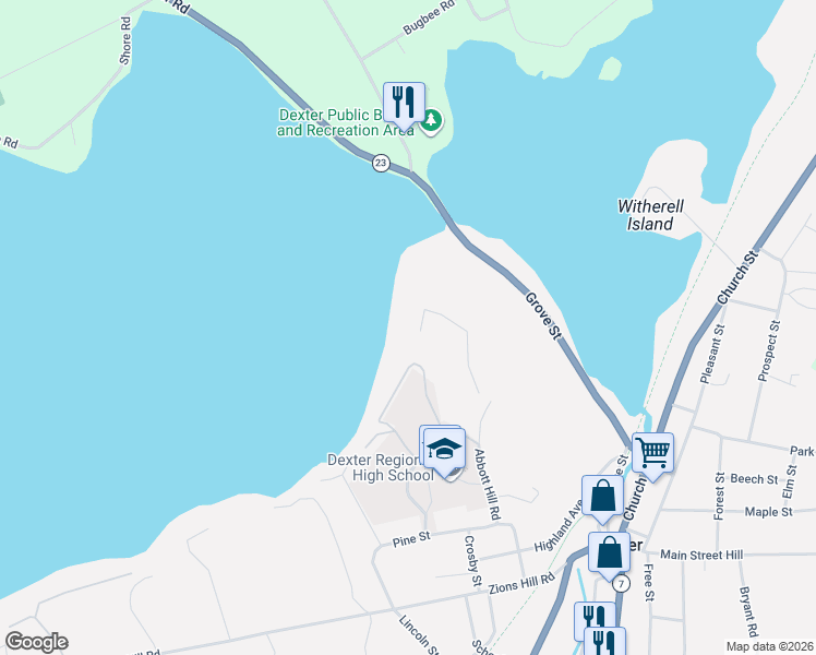 map of restaurants, bars, coffee shops, grocery stores, and more near Abbott Hill Fire Lane 1 in Dexter