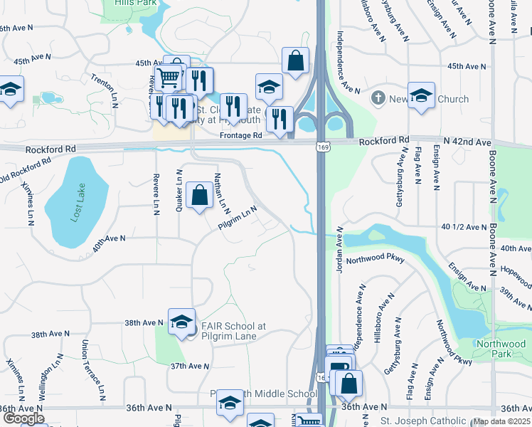 map of restaurants, bars, coffee shops, grocery stores, and more near 4055 Lancaster Lane North in Minneapolis
