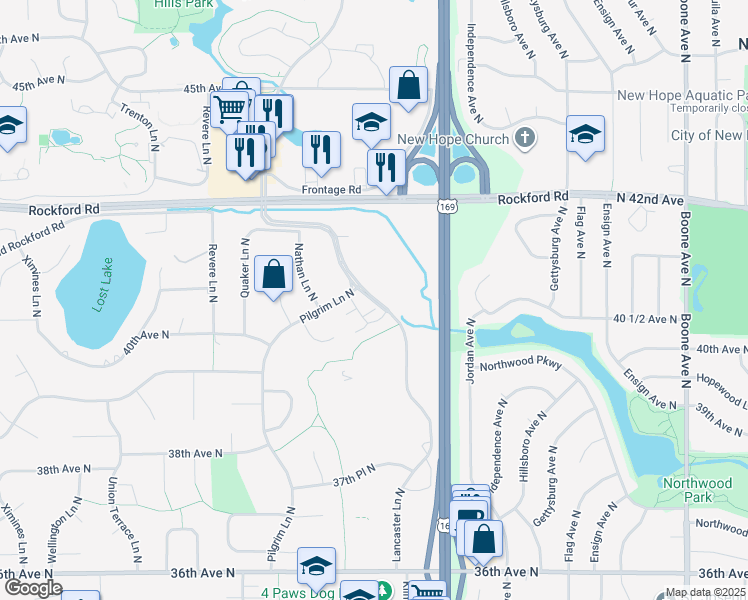 map of restaurants, bars, coffee shops, grocery stores, and more near 4015 Lancaster Lane North in Plymouth