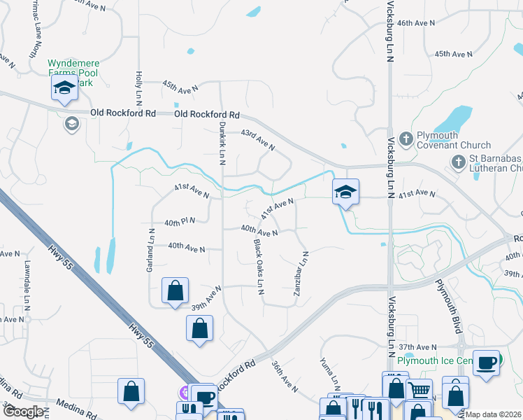 map of restaurants, bars, coffee shops, grocery stores, and more near 16515 41st Avenue North in Minneapolis