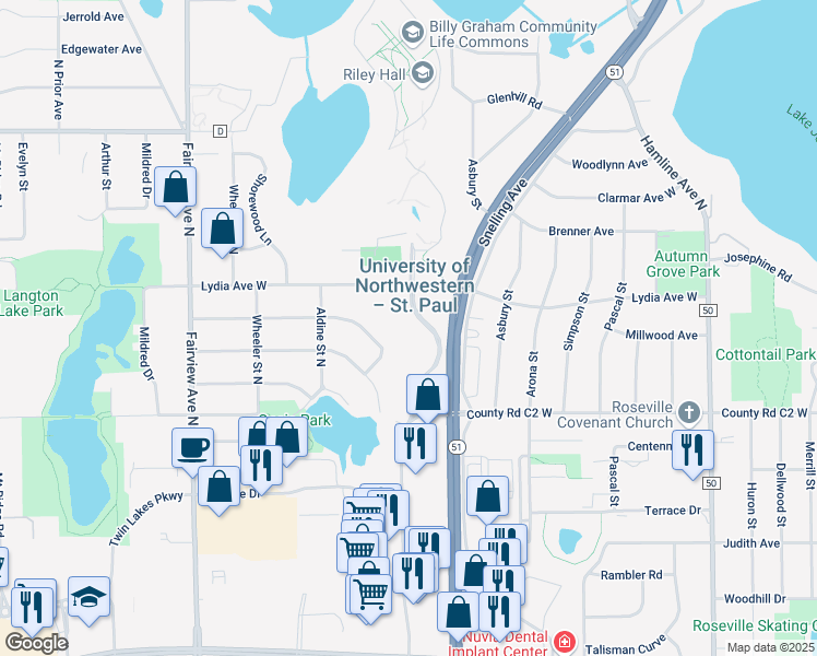 map of restaurants, bars, coffee shops, grocery stores, and more near 2945 Lincoln Drive in Roseville