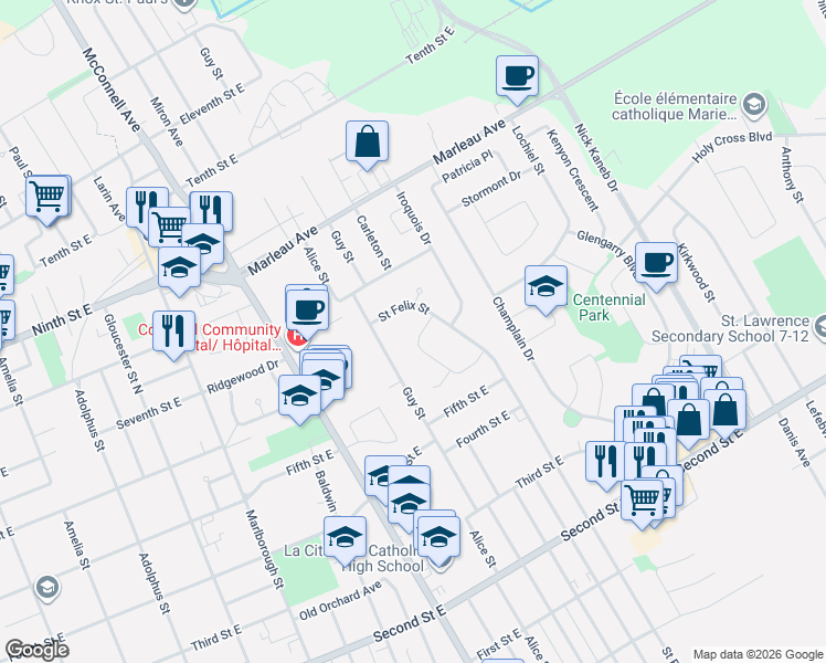 map of restaurants, bars, coffee shops, grocery stores, and more near 777 Sandfield Crescent in Cornwall