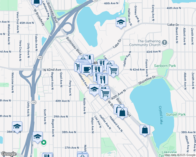map of restaurants, bars, coffee shops, grocery stores, and more near 4100 West Broadway Avenue in Robbinsdale