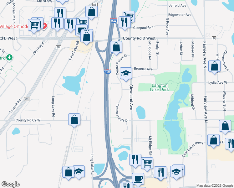 map of restaurants, bars, coffee shops, grocery stores, and more near 2969 Centre Pointe Drive in Saint Paul