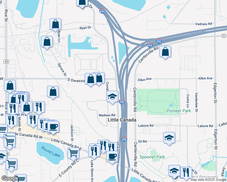 map of restaurants, bars, coffee shops, grocery stores, and more near 2965 Country Drive in Little Canada