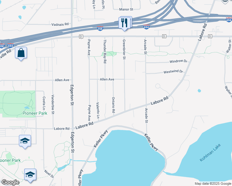 map of restaurants, bars, coffee shops, grocery stores, and more near 2948 Ontario Road in Little Canada