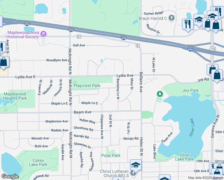 map of restaurants, bars, coffee shops, grocery stores, and more near 2935 Bartelmy Lane North in Saint Paul