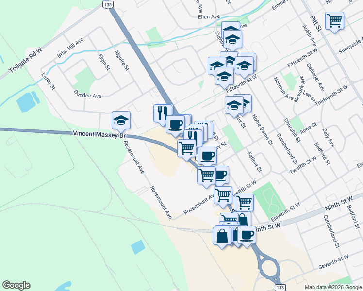 map of restaurants, bars, coffee shops, grocery stores, and more near 712 Fourteenth Street West in Cornwall