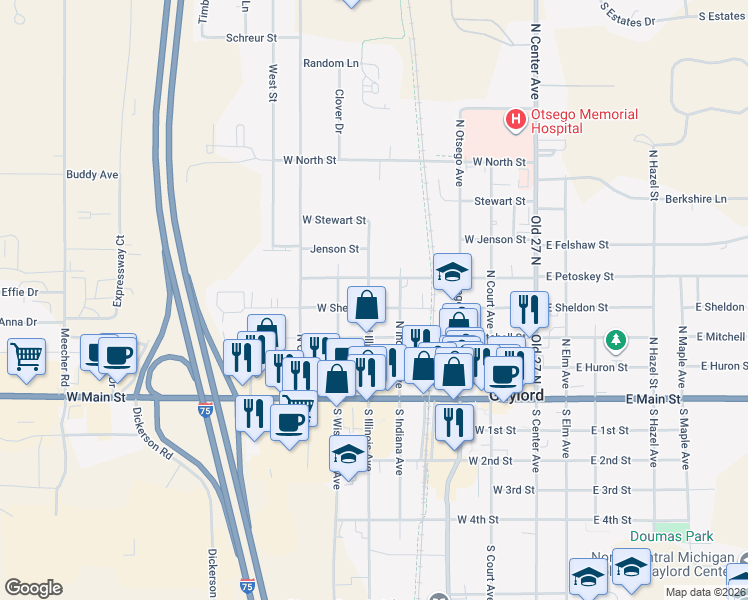 map of restaurants, bars, coffee shops, grocery stores, and more near 302 North Illinois Avenue in Gaylord