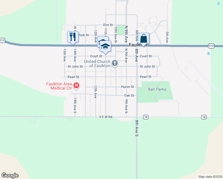 map of restaurants, bars, coffee shops, grocery stores, and more near 1015 Oak Street in Faulkton