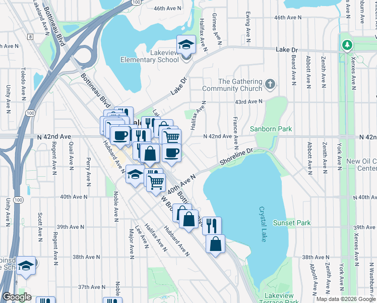 map of restaurants, bars, coffee shops, grocery stores, and more near 4038 Lake Road in Robbinsdale