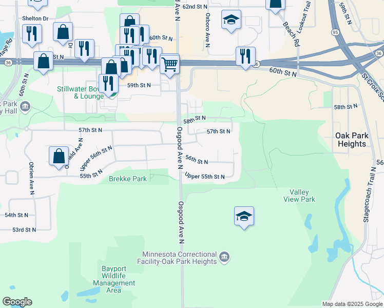 map of restaurants, bars, coffee shops, grocery stores, and more near 14801 56th Street North in Stillwater