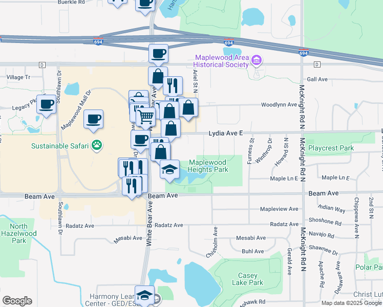map of restaurants, bars, coffee shops, grocery stores, and more near 2030 Lydia Avenue East in Maplewood