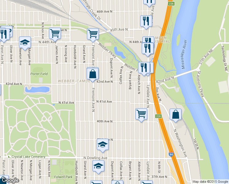 map of restaurants, bars, coffee shops, grocery stores, and more near 4105 North Colfax Avenue in Minneapolis