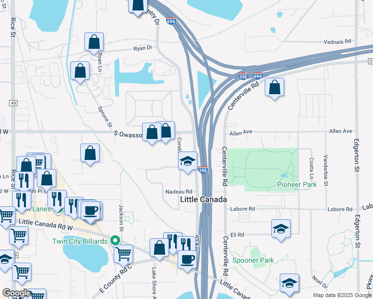 map of restaurants, bars, coffee shops, grocery stores, and more near 2935 Country Drive in Little Canada