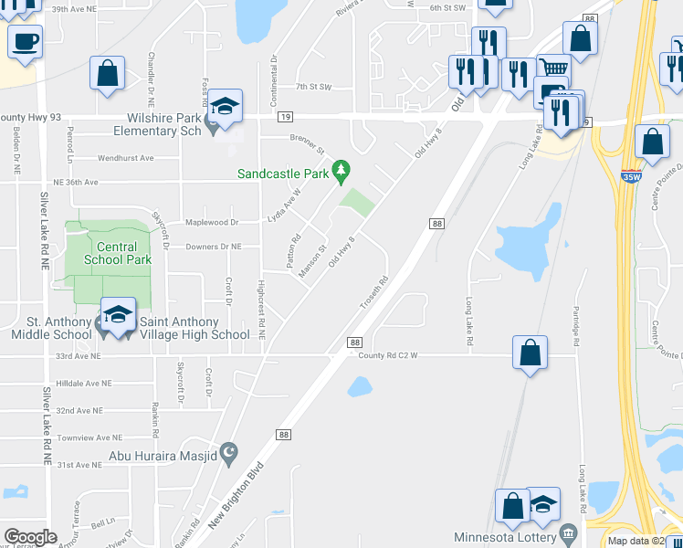 map of restaurants, bars, coffee shops, grocery stores, and more near 2960 Old Highway 8 in Roseville