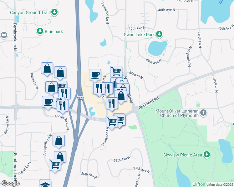 map of restaurants, bars, coffee shops, grocery stores, and more near 4190 Vinewood Lane North in Plymouth
