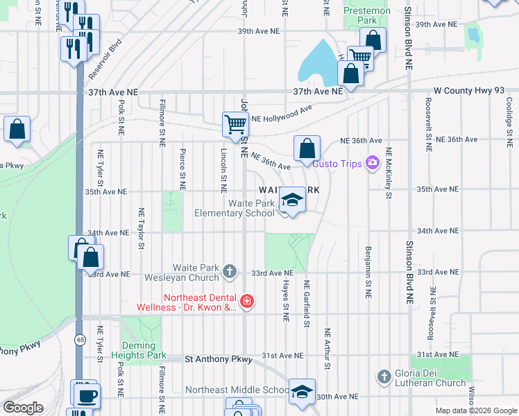 map of restaurants, bars, coffee shops, grocery stores, and more near 17 Ulysses Street Northeast in Minneapolis