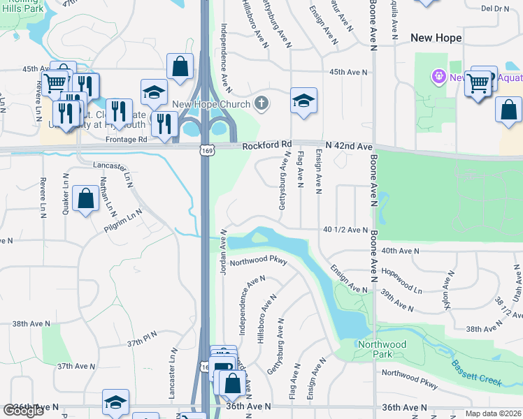map of restaurants, bars, coffee shops, grocery stores, and more near 9225 40 1/2 Avenue North in Minneapolis