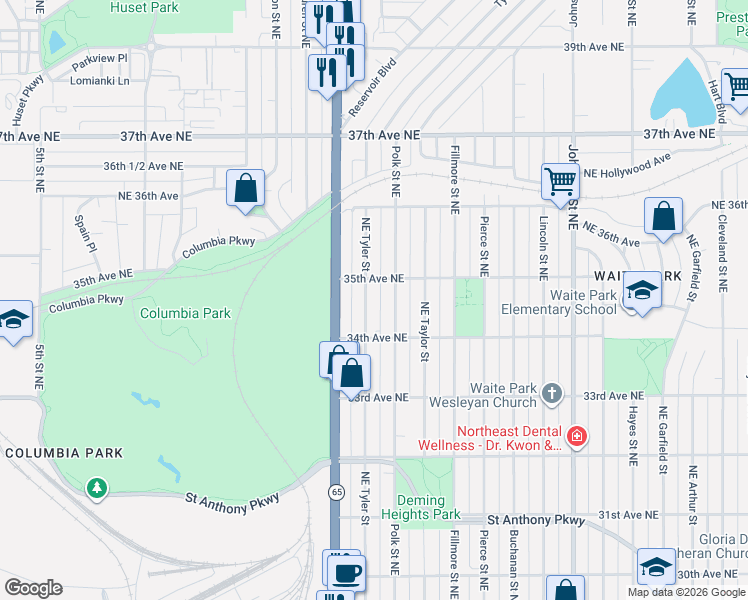 map of restaurants, bars, coffee shops, grocery stores, and more near 3419 Northeast Tyler Street in Minneapolis