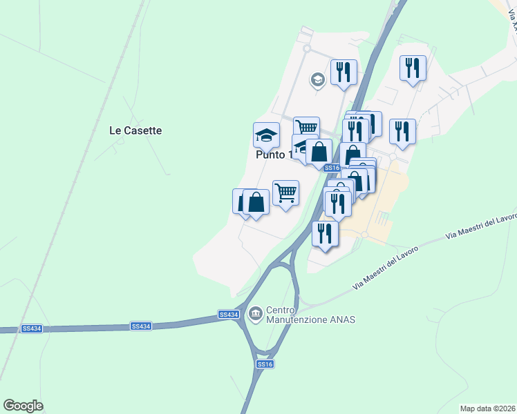 map of restaurants, bars, coffee shops, grocery stores, and more near 18 Viale della Cooperazione in Punto 13