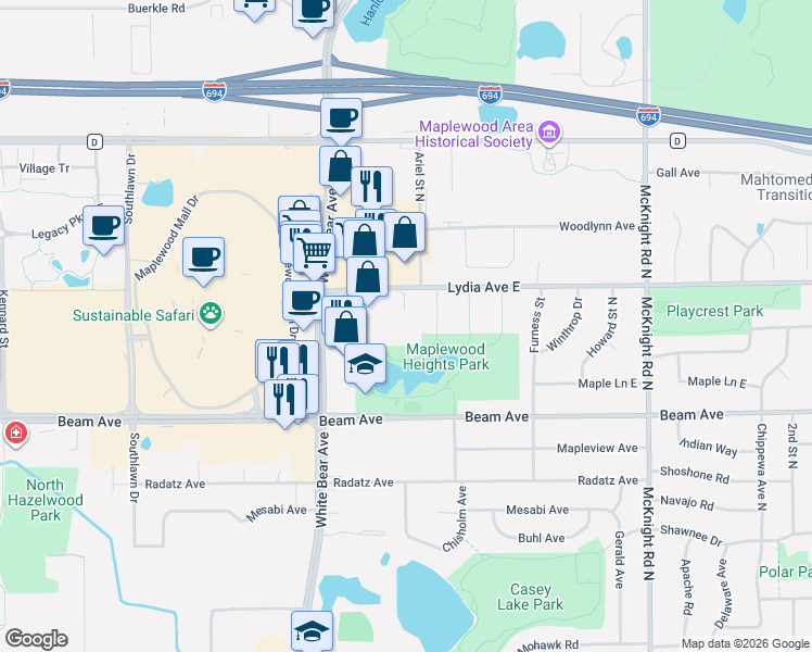 map of restaurants, bars, coffee shops, grocery stores, and more near 2030 Lydia Avenue East in Maplewood