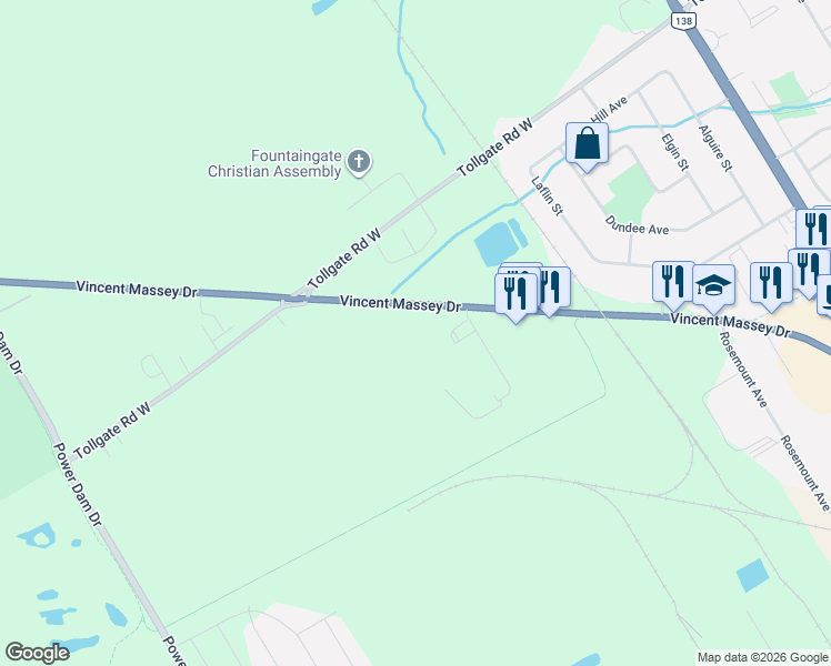 map of restaurants, bars, coffee shops, grocery stores, and more near 1850 Vincent Massey Drive in Cornwall