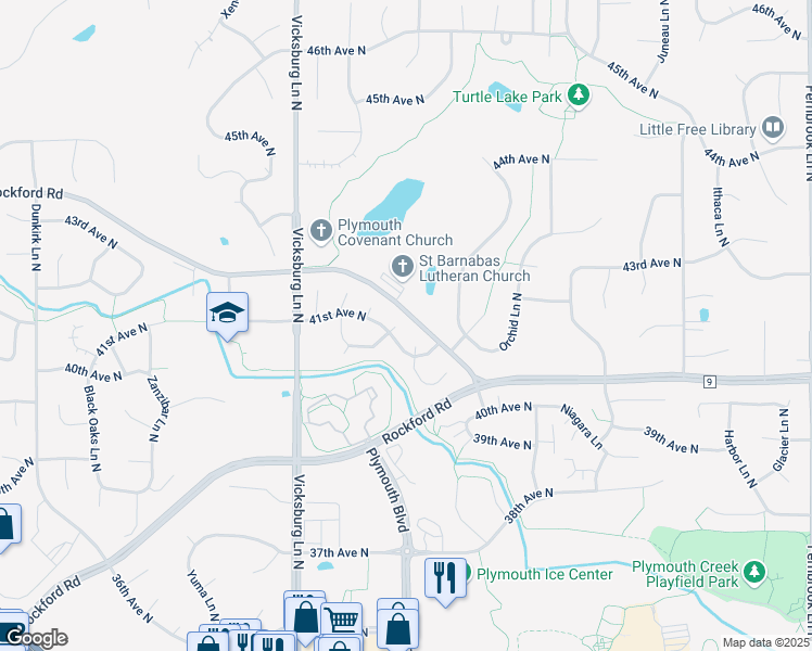 map of restaurants, bars, coffee shops, grocery stores, and more near 4100 Quantico Lane North in Plymouth