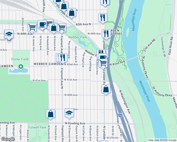 map of restaurants, bars, coffee shops, grocery stores, and more near 4111 North Bryant Avenue in Minneapolis