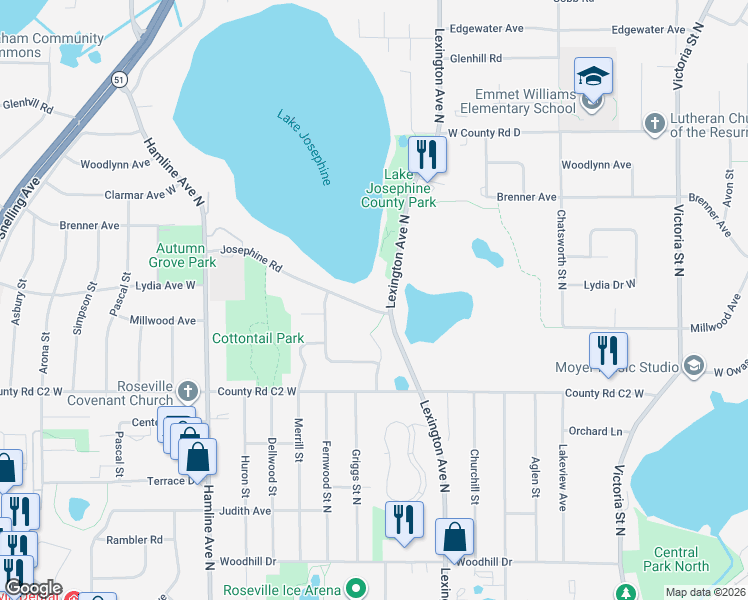 map of restaurants, bars, coffee shops, grocery stores, and more near 2950 Dunlap Circle North in Roseville