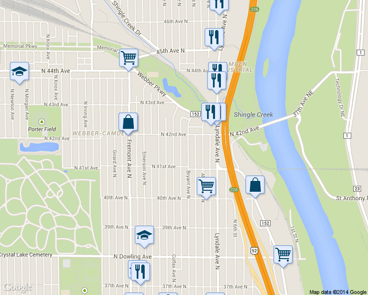 map of restaurants, bars, coffee shops, grocery stores, and more near 4111 North Bryant Avenue in Minneapolis
