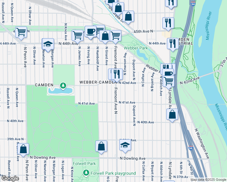 map of restaurants, bars, coffee shops, grocery stores, and more near 4110 North Fremont Avenue in Minneapolis