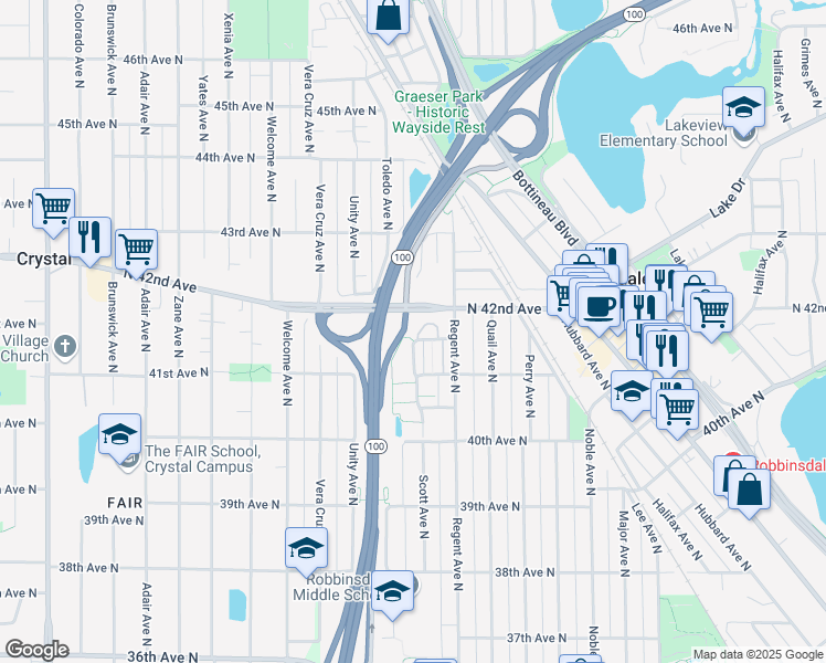 map of restaurants, bars, coffee shops, grocery stores, and more near 4108 Parker Trail in Minneapolis