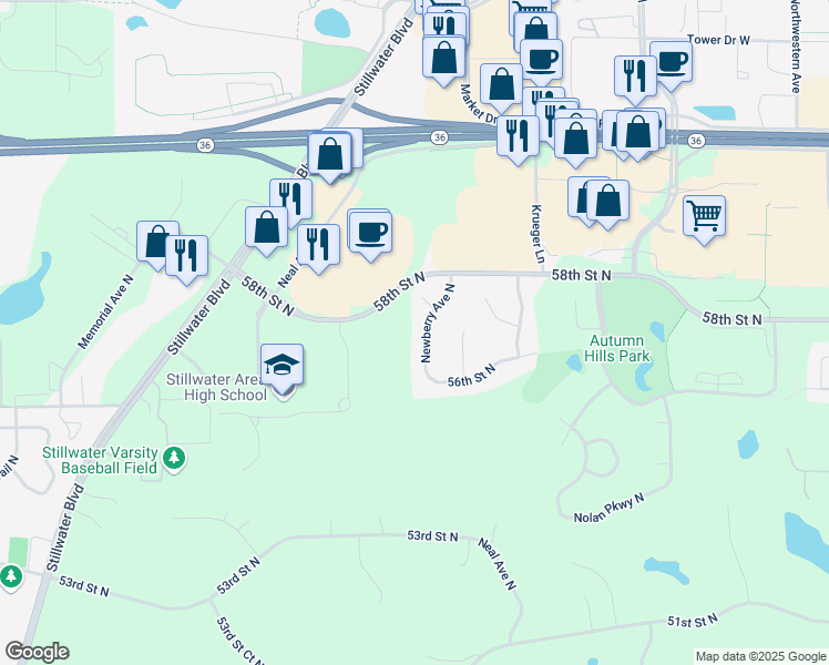 map of restaurants, bars, coffee shops, grocery stores, and more near 5710 Newberry Avenue North in Oak Park Heights