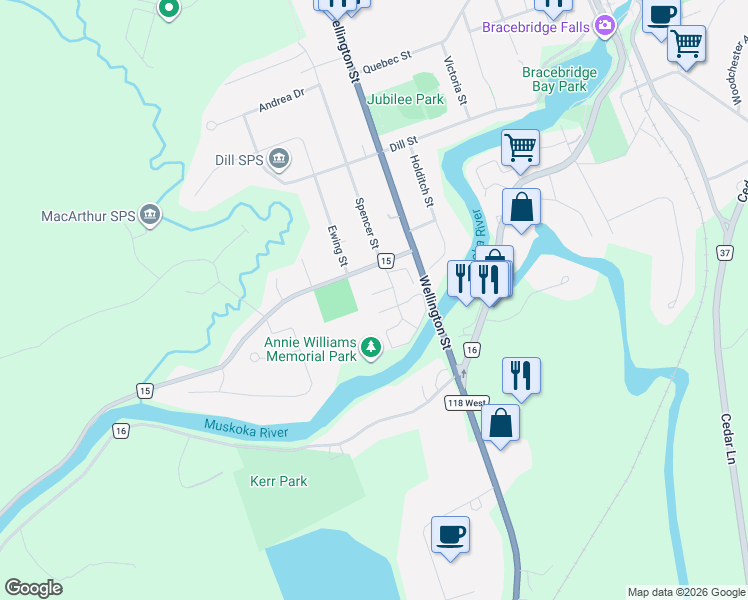 map of restaurants, bars, coffee shops, grocery stores, and more near 16 Leeds Court in Bracebridge