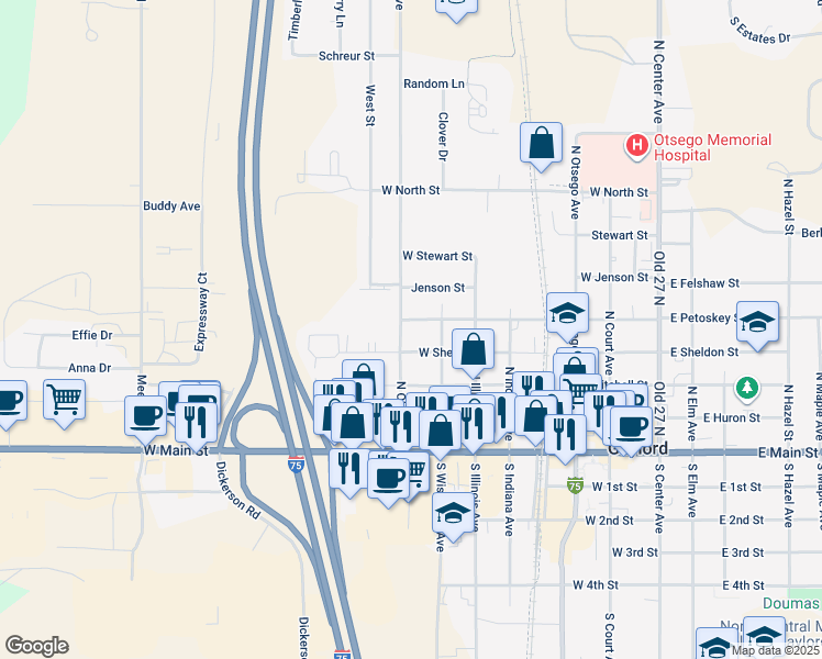map of restaurants, bars, coffee shops, grocery stores, and more near 321-399 North Ohio Avenue in Gaylord