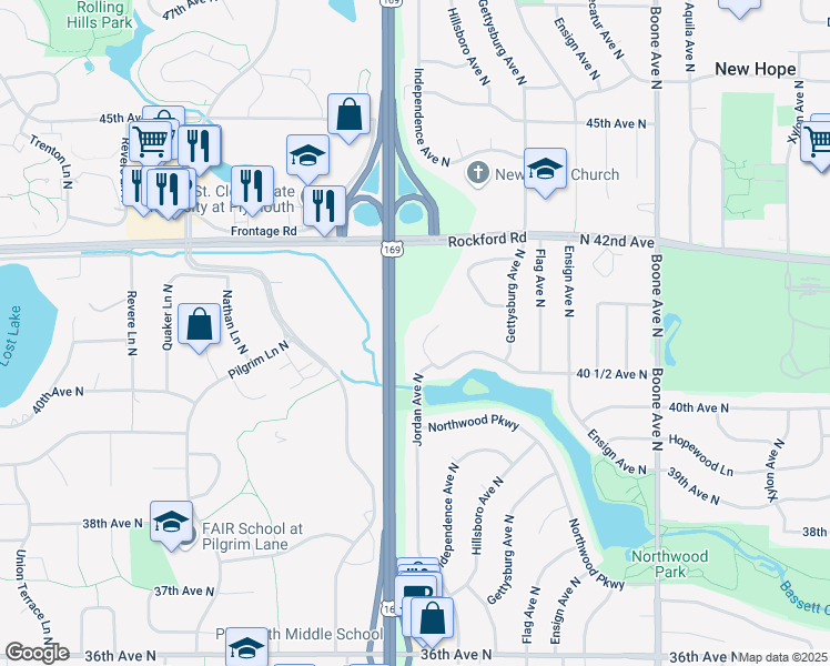 map of restaurants, bars, coffee shops, grocery stores, and more near U.S Highway 169 in Plymouth