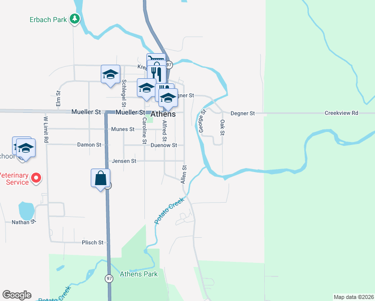 map of restaurants, bars, coffee shops, grocery stores, and more near 412 Allen street in Athens