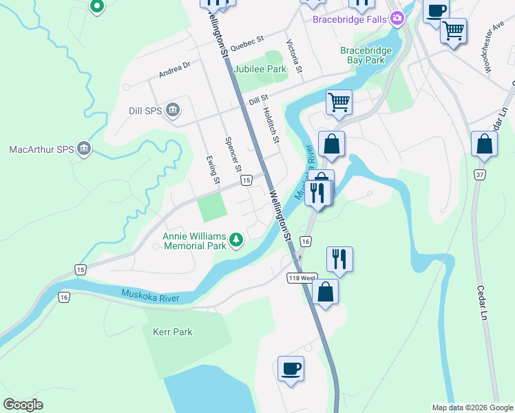 map of restaurants, bars, coffee shops, grocery stores, and more near 6 Prescott Crescent in Bracebridge