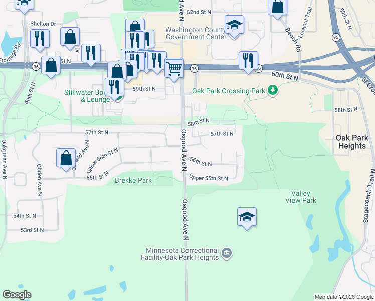 map of restaurants, bars, coffee shops, grocery stores, and more near 14789 57th Street North in Stillwater