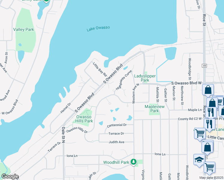 map of restaurants, bars, coffee shops, grocery stores, and more near 472 South Owasso Boulevard in Roseville