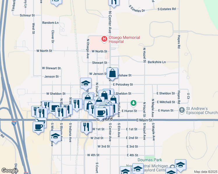 map of restaurants, bars, coffee shops, grocery stores, and more near 412 North Center Avenue in Gaylord