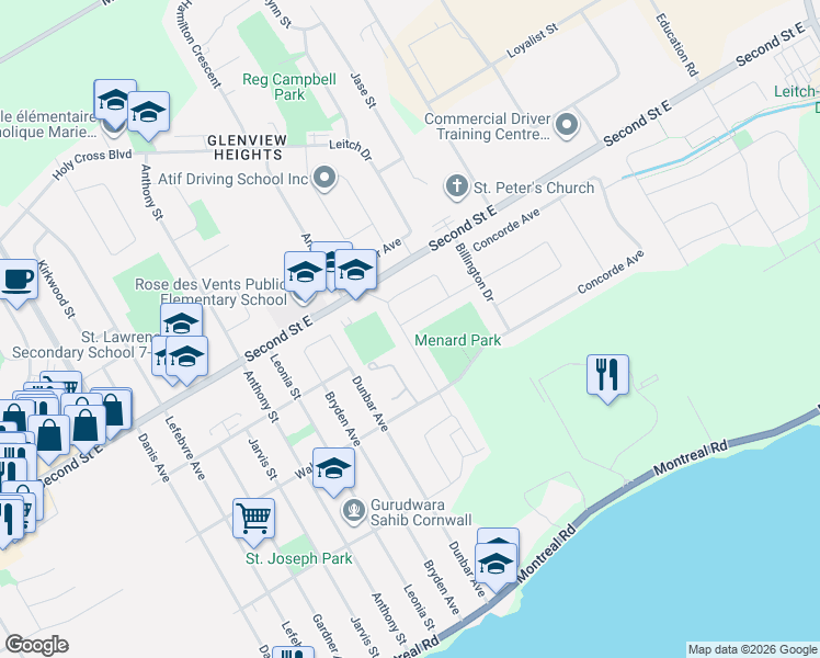 map of restaurants, bars, coffee shops, grocery stores, and more near 1849 Belvedere Crescent in Cornwall